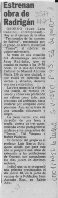 Estrenan obra de Radrigán  [artículo] Juan Lara Cancino.