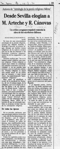 Desde Sevilla elogian a M. Arteche y R. Cánovas  [artículo] Hugo Emilio Pedemonte.