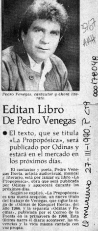 Editan libro de Pedro Venegas  [artículo].