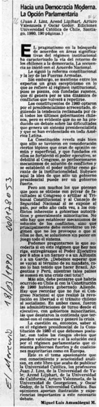 Hacia una democracia moderna, la opción parlamentaria  [artículo] Oscar Godoy.