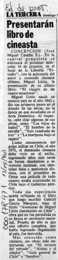 Presentarán libro de cineasta  [artículo] José Miguel Concha S.