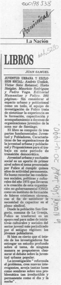 Juventud urbana y exclusión social  [artículo] Juan Samuel.