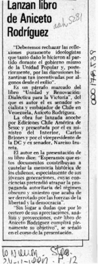 Lanzan libro de Aniceto Rodríguez  [artículo].