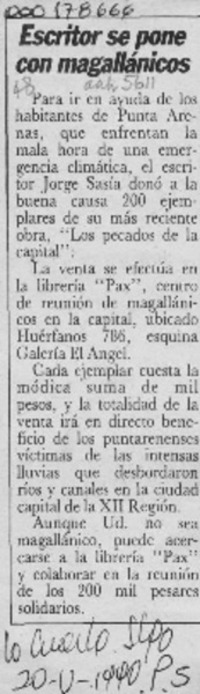 Escritor se pone con magallánicos  [artículo].