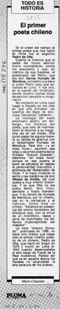 El primer poeta chileno  [artículo] Mario Céspedes.
