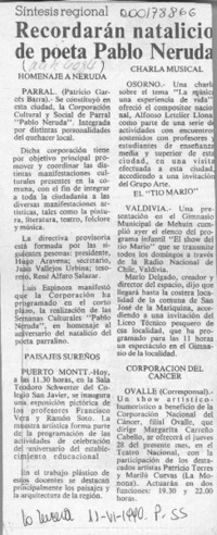 Recordarán natalicio de poeta Pablo Neruda  [artículo] Patricio Garcés Barra.