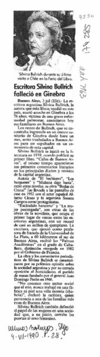 Escritora Silvina Bullrich falleció en Ginebra  [artículo].