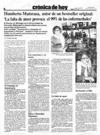 Humberto Maturana, autor de un bestseller original, "La falta de amor provoca el 99% de las enfermedades"  [artículo] Francisca Aninat.