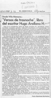 "Versos de trasnoche", libro del escritor Hugo Arellano H.  [artículo] Pedro Mardones Barrientos.