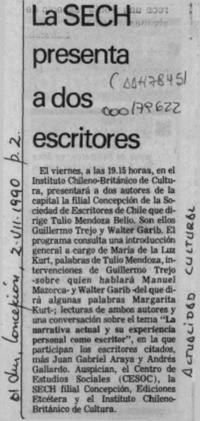 La SECH presenta a dos escritores  [artículo].