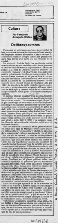 De libros y autores  [artículo] Fernando Arriagada Cortés.