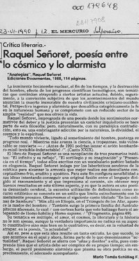 Raquel Señoret, poesía entre lo cósmico y lo alarmista  [artículo] Mario Tomás Schilling F.