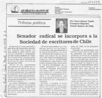 Senador radical se incorpora a la Sociedad de Escritores de Chile  [artículo] Flavio Gómez Tepott.
