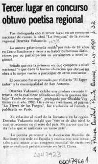 Tercer lugar en concurso obtuvo poetisa regional  [artículo].