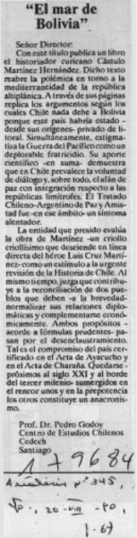 "El mar de Bolivia"  [artículo] Pedro Godoy.