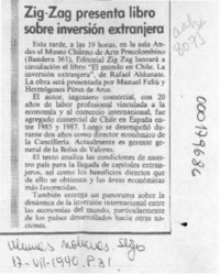 Zig-Zag presenta libro sobre inversión extranjera  [artículo].