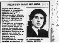 Regresó Jaime Miranda  [artículo].
