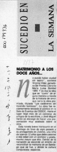 Matrimonio a los doce años --  [artículo].
