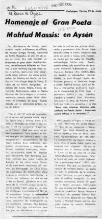 Homenaje al gran poeta Mahfud Massis, en Aysén  [artículo].