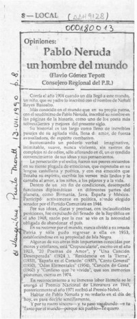 Pablo Neruda un hombre del mundo  [artículo] Flavio Gómez Tepott.