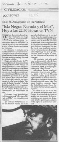 "Isla Negra, Neruda y el mar", hoy a las 22.30 horas en TVN  [artículo].