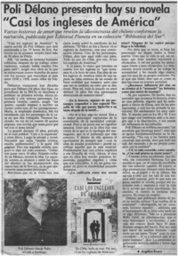 Poli Délano presenta hoy su novela "Casi los ingleses de América"