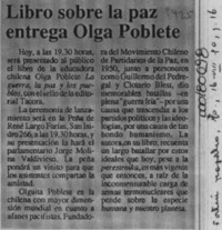 Libro sobre la paz entrega Olga Poblete  [artículo].