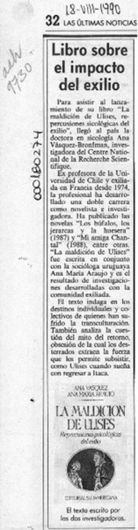 Libro sobre el impacto del exilio  [artículo].