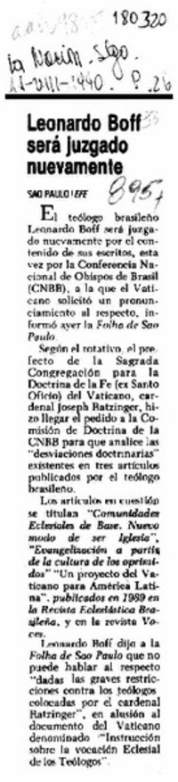 Leonardo Boff será juzgado nuevamente  [artículo].