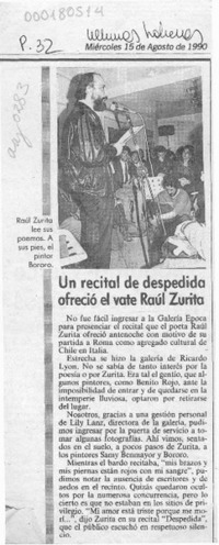 Un Recital de despedida ofreció el vate Raúl Zurita  [artículo].