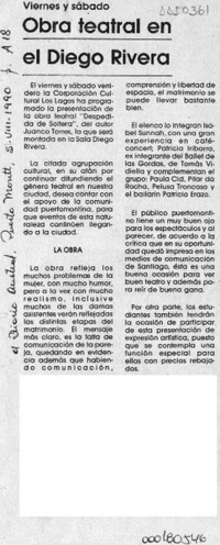 Obra teatral en el Diego Rivera  [artículo].