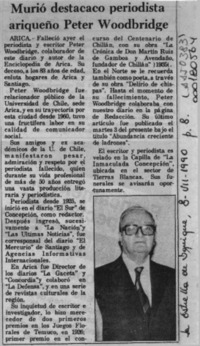 Murió destacado periodista ariqueño Peter Woodbridge  [artículo].