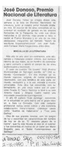 José Donoso, Premio Nacional de Literatura  [artículo].