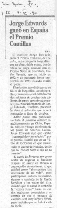 Jorge Edwards ganó en España el Premio Comillas