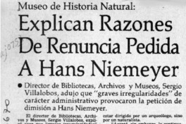 Explican razones de renuncia pedida a Hans Niemeyer  [artículo].