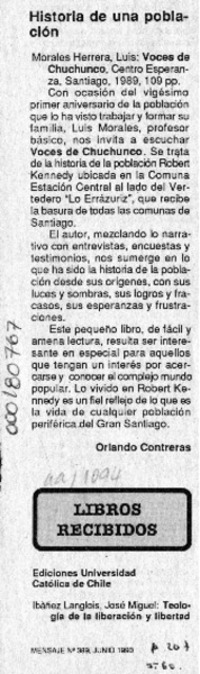 Historia de una población  [artículo] Orlando Contreras.