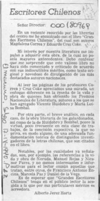 Escritores chilenos  [artículo] Alberto Jerez Horta.