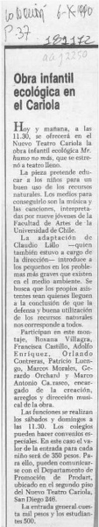 Obra infantil ecológica en el Cariola  [artículo].