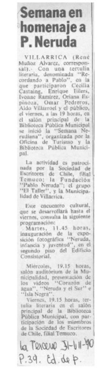 Semana en homenaje a P. Neruda  [artículo] René Muñoz Alvarez.