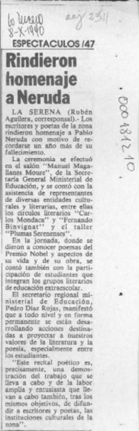 Rindieron homenaje a Neruda  [artículo] Rubén Aguilera.