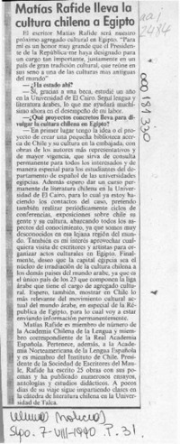Matías Rafide lleva la cultura chilena a Egipto  [artículo].
