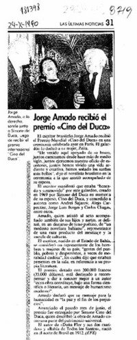 Jorge Amado recibió el premio "Cino del Duca"  [artículo].