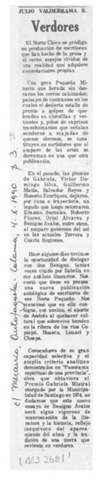 Verdores  [artículo] Julio Valderrama B.