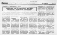 Libro de especialistas aborda "Política agraria en Chile"  [artículo].