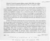 Ricardo Yamal, "La poesía chilena actual (1960-1984) y la crítica"  [artículo] Jaime Blume S.