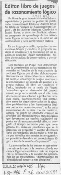 Editan libro de juegos de razonamiento lógico  [artículo].
