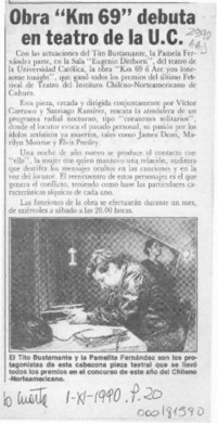 Obra "Km 69" debuta en teatro de la U. C.  [artículo].