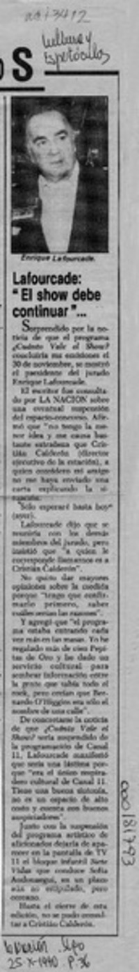 Lafourcade, "El show debe continuar"  [artículo].