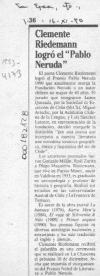 Clemente Riedemann logró el "Pablo Neruda"  [artículo].