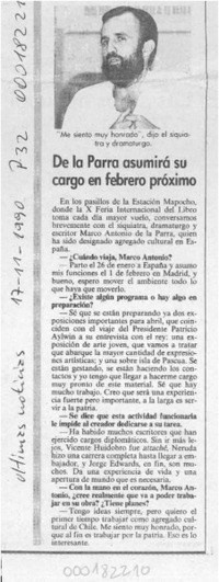 De la Parra asumirá su cargo en febrero próximo  [artículo].